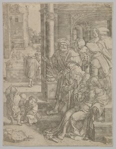 El poeta Virgilio suspendido en una canasta de Lucas van Leyden
