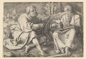 San Pedro y San Pablo sentados en un paisaje, 1527 de Lucas van Leyden