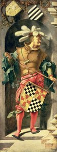 La curación del ciego de Jericó, panel izquierdo del tríptico mostrando guerrero con el escudo de armas del patrón, 1531