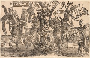 Los nueve héroes: Arturo, Carlos el Grande (Carlomagno), Godofredo de Bouillon de Lucas van Leyden