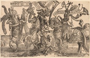 Los Nueve Héroes: Arturo, Carlomagno, Godofredo de Bouillon, 1515-1517 de Lucas van Leyden