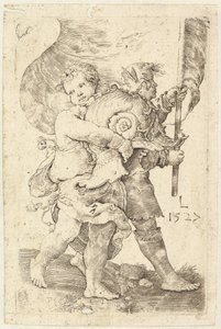 Dos niños con un casco y un estandarte, 1527 de Lucas van Leyden