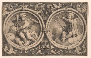 Dos cupidos sentados sobre nubes de Lucas van Leyden