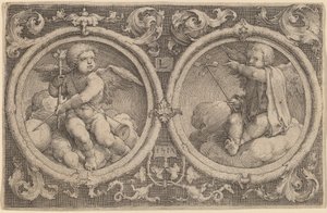 Dos cupidos sentados en nubes en dos círculos de Lucas van Leyden