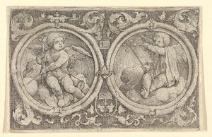 Dos putti sentados en nubes en círculos con zarcillos, 1517 de Lucas van Leyden