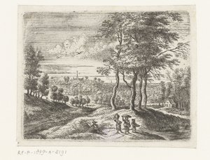 Paisaje forestal con dos mujeres y un niño con una canasta. Pequeños paisajes (título de serie)