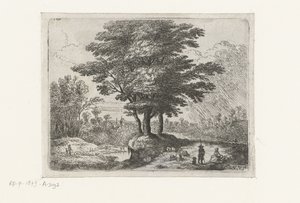 Tres árboles, un pastor con ovejas y un perro. Pequeños paisajes (título de serie) de Lucas van Uden