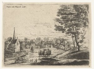 Vista de un pueblo con un carro cubierto Cinco paisajes (título de la serie) de Lucas van Uden