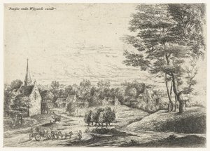 Vista de un pueblo con un carro cubierto Cinco paisajes (título de la serie) de Lucas van Uden
