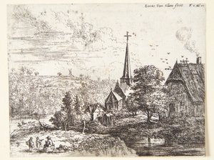 Pueblo junto a un río, en primer plano tres figuras de Lucas van Uden