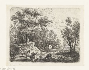 Paisaje con tres vacas y una mujer. Pequeños paisajes (título de serie) de Lucas van Uden