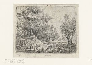 Paisaje con tres vacas y una mujer. Pequeños paisajes (título de serie) de Lucas van Uden