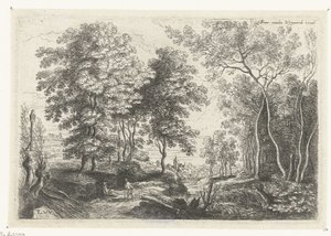 Paisaje con un arroyo a través de un bosque. Seis paisajes (título de la serie) de Lucas van Uden