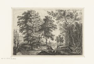 Paisaje con un arroyo a través de un bosque. Seis paisajes (título de la serie) de Lucas van Uden