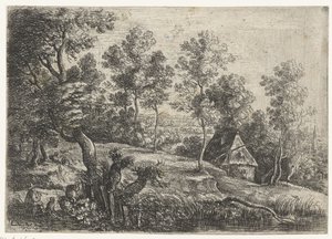 Paisaje con una casa y un pozo Cinco paisajes (título de la serie) de Lucas van Uden