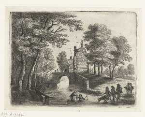Paisaje con un río, un puente y jinetes. Pequeños paisajes (título de serie) de Lucas van Uden