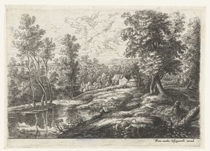 Paisaje con casas y una iglesia rodeada por un muro Cinco paisajes (título de la serie) de Lucas van Uden