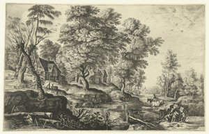 Paisaje con hombres empujando un carro de Lucas van Uden