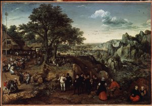Paisaje con fiesta campestre (Paisaje con fiesta campestre). Pintura de Lucas van Valckenborch (1530-1597). Óleo sobre lienzo, 48,5 x 73,4 cm, finales de 1580 principios de 1590. Arte holandés, arte barroco. Museo del Hermitage, San Petersburgo. de Lucas van Valckenborch