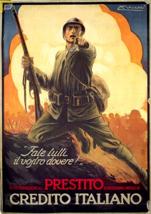 Cartel de propaganda italiana de la Primera Guerra Mundial anunciando bonos de guerra de Luciano Achille Mauzan