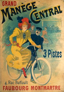 Gran Manege Central, póster publicitario para pista de ciclismo que representa a una mujer en bicicleta de Lucien Baylac