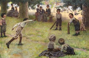 Chicos jugando al críquet (acuarela)