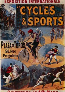 Exposition Internationale Cycles et Sports, anuncio de exposición internacional dedicada al deporte, ilustración de Lucien Lefevre, póster
