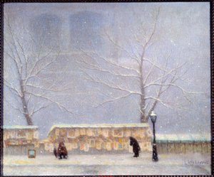 Notre Dame vista desde la orilla izquierda con tiempo nevado (óleo sobre lienzo) de Lucien Levy Dhurmer