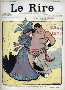 En la fiesta de Neuilly: cuidado - una mujer elegantemente vestida habla con un luchador dibujado por Lucien Marie François Métivet (1863-1930) - la risa del 8 de junio de Lucien Metivet