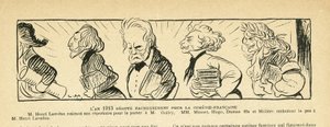Ilustración en Le Rire, 04/01/13 - el año 1913... - Teatro, Comédie Française - Hugo Victor, Dumas Alexandre (hijo), Lavedan Henri (1859-1940), Guitry Sacha, Musset Alfred, Molière (grabado) de Lucien Metivet