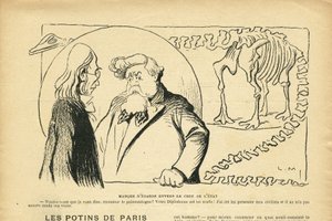 Ilustración en Le Rire, 27/06/08 - Desprecio por el Jefe de Estado - Presidente de la República, Dinosaurio, Paleontología - Fallieres Armand (1841-1931), Dinosaurio, Diplodocus (grabado) de Lucien Metivet