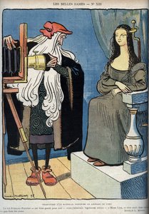 La Mona Lisa - La Gioconda - (La Mona Lisa está sentada - Leonardo Da Vinci (Leonardo de Vinci) luchando con una cámara. Leonardo dice que el rey Francisco I es muy bueno para él, pero que aspiraba a morir en los brazos de la Mona Lisa en lugar de los del  de Lucien Metivet
