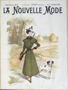 Mujer en atuendo de caza con un rifle - en "La Nouvelle Mode" de sept. 1898 de Lucien Metivet