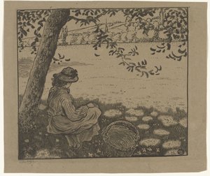 niña, debajo, un, árbol, en, un, pradera de Lucien Pissarro