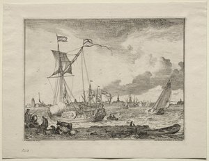 Vista de Ámsterdam con barcos en primer plano de Ludolf Backhuysen