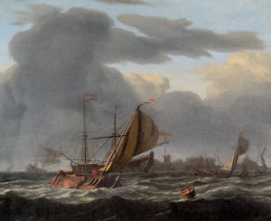 Un buque de guerra anclado en un mar agitado, c. 1660-c. 1708 de Ludolf Backhuysen I