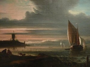 Alemán: Orilla del mar con veleros y molino de viento El baluarte 