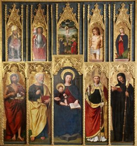 Retablo, 10 pinturas: Virgen con el Niño entre San Juan Bautista y San Pedro, Un obispo y un abad, Cristo en la cruz entre San Juan y la Virgen, San Martín y San Víctor, San Sebastián y Santa Margarita. de Ludovico Brea