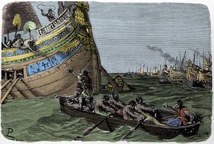 Marco Antonio (83-30 a.C.) se une a Cleopatra (51-30 a.C.) en la huida tras la derrota en la batalla de Actium el 2/09/31 a.C., ilustración de Ludovico Pogliaghi de "Storia d
