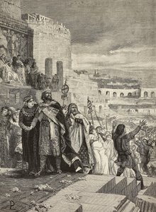 Matrimonio de Ugo y Marozia, cortejo nupcial en presencia del Papa, grabado de E. Mancastroppa a partir de un cuadro de Lodovico Pogliaghi (1857-1950), de L