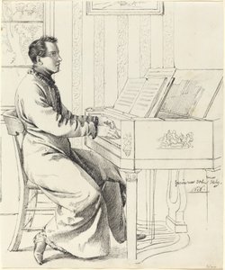 El cuñado del artista, Ludwig Hassenpflug, preparándose para tocar el piano de Ludwig Emil Grimm