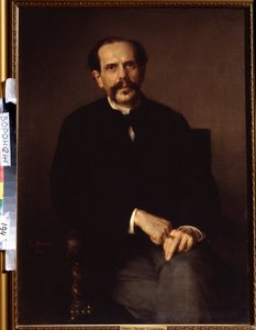 ""Retrato de un hombre"" Está vestido con un traje negro, un título de caballero en su dedo. Pintura de Ludwig Knaus (1829-1910) Ivan Kramskoy (o Kramskoi) Museo de Bellas Artes de Voronezh (Voronezh), Rusia. de Ludwig Knaus