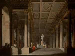Interior de un antiguo templo ficticio con una ofrenda quemada a Apolo