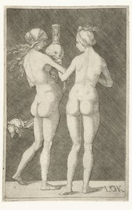 Dos mujeres desnudas con calavera y reloj de arena. de Ludwig Krug