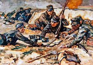 Llevando raciones a las trincheras austriacas bajo el fuego de la artillería rusa