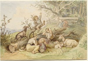 Niños y cabras descansando junto a un árbol caído