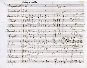 Página de partitura de la Sinfonía n. 1 en Do mayor del compositor alemán Ludwig van Beethoven (1799-1800) de Ludwig van Beethoven