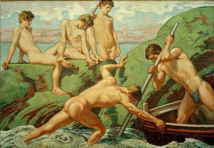 Marineros desnudos (pescadores) y niños en la orilla verde
