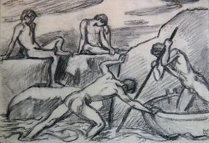 Barquero desnudo y jóvenes en una orilla verde de Ludwig von Hofmann