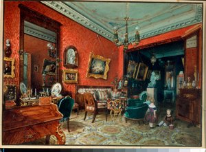 ""El salón"" (Salle de sejour) Dos niños jugando en el salón - Acuarela de Luigi Premazzi (1814-1891), hacia 1840 Colección privada